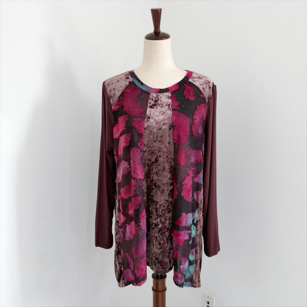 LOGO Lori Goldstein Top Size Large Pink Mixed Media Velvet Burnout Art to Wear